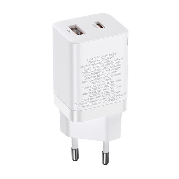 Baseus Super Si Pro hálózati gyorstöltő 30W, USB Type-C + USB Type-A, fehér