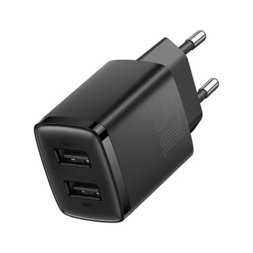   Baseus Compact hálózati töltő 10.5W, 2×USB Type-A, fekete