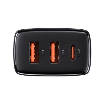   Baseus Compact hálózati gyorstöltő, 30W, 2x USB Type-A + USB Type-C, fekete