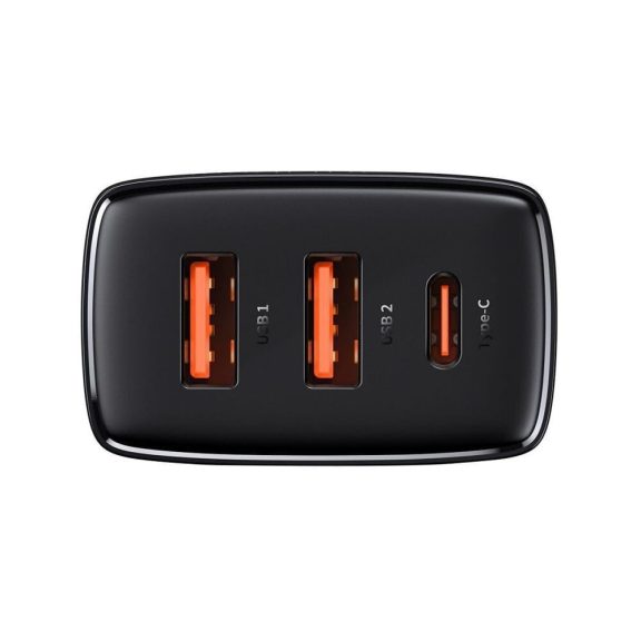 Baseus Compact hálózati gyorstöltő, 30W, 2x USB Type-A + USB Type-C, fekete
