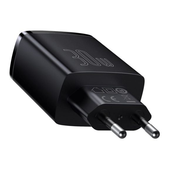 Baseus Compact hálózati gyorstöltő, 30W, 2x USB Type-A + USB Type-C, fekete
