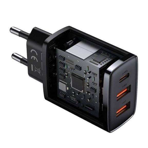 Baseus Compact hálózati gyorstöltő, 30W, 2x USB Type-A + USB Type-C, fekete