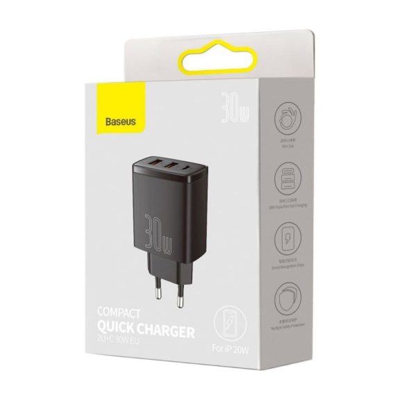 Baseus Compact hálózati gyorstöltő, 30W, 2x USB Type-A + USB Type-C, fekete