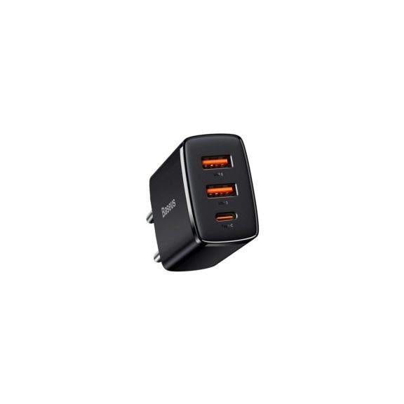 Baseus Compact hálózati gyorstöltő, 30W, 2x USB Type-A + USB Type-C, fekete