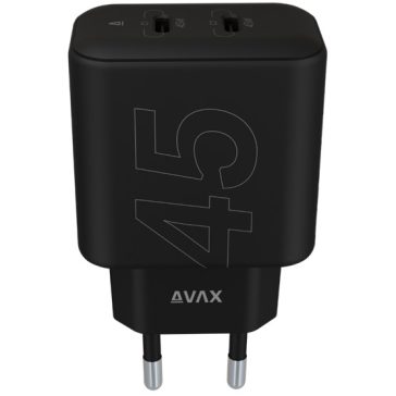   AVAX CH602B SPEEDY+ 2x Type C  (PD) 45W gyors hálózati töltő, fekete