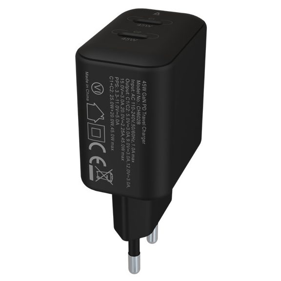 AVAX CH602B SPEEDY+ 2x Type C  (PD) 45W gyors hálózati töltő, fekete