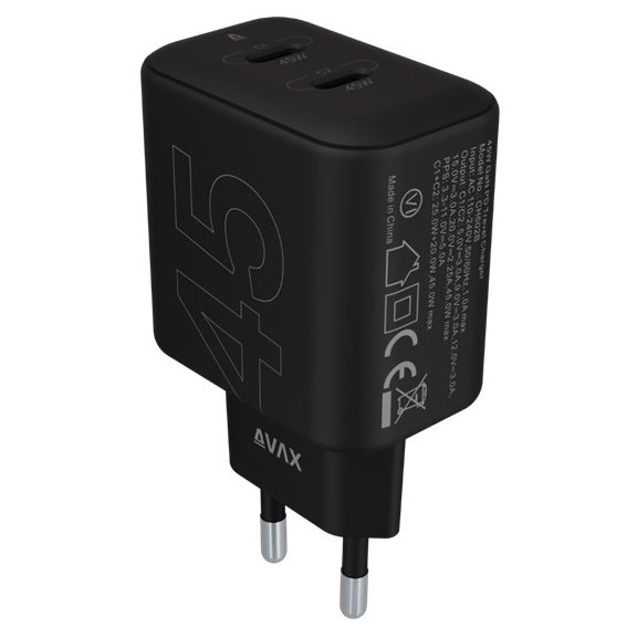 AVAX CH602B SPEEDY+ 2x Type C  (PD) 45W gyors hálózati töltő, fekete