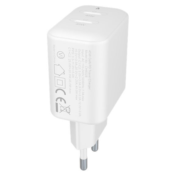 AVAX CH602W SPEEDY+ 2x Type C  (PD) 45W gyors hálózati töltő, fehér