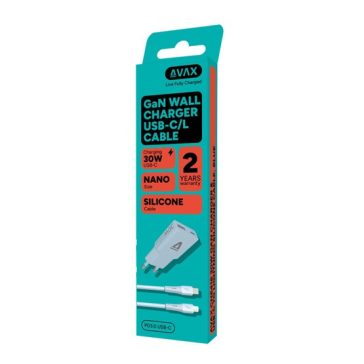   AVAX CH6416 30W GaN töltő és USBC-Lightning szilikon kábel szett, világoskék
