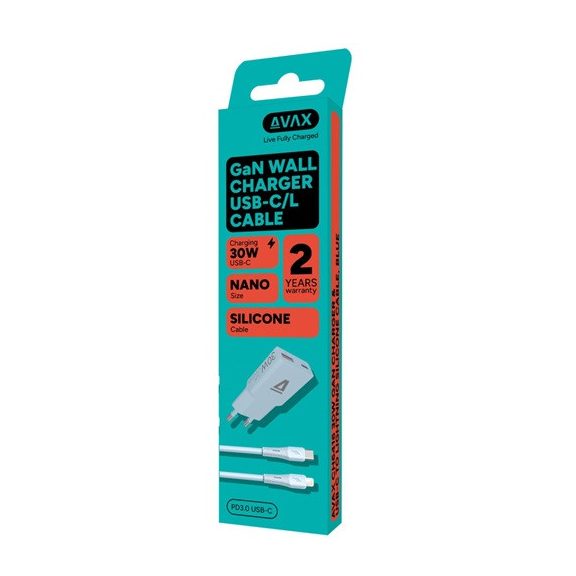 AVAX CH6416 30W GaN töltő és USBC-Lightning szilikon kábel szett, világoskék