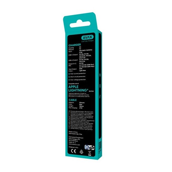 AVAX CH6416 30W GaN töltő és USBC-Lightning szilikon kábel szett, világoskék
