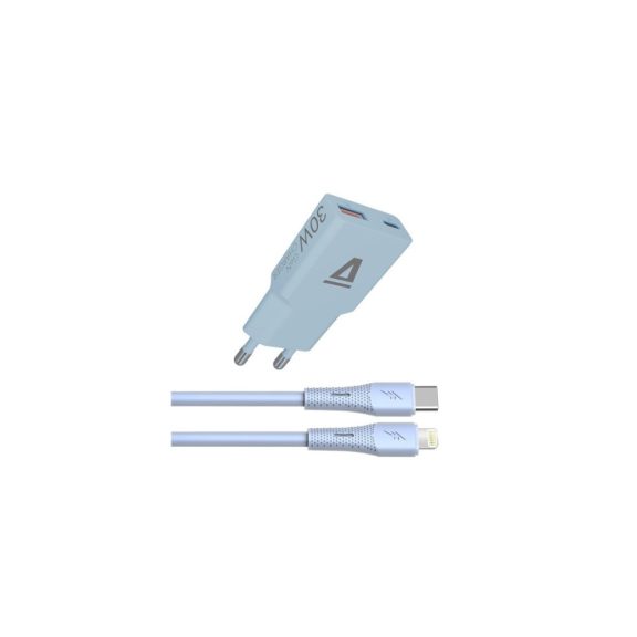 AVAX CH6416 30W GaN töltő és USBC-Lightning szilikon kábel szett, világoskék