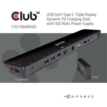   Club3D USB 3.2 GEN 1 TYPE C TRIPLE DISPLAY DYNAMIC PD TÖLTŐ - 100W