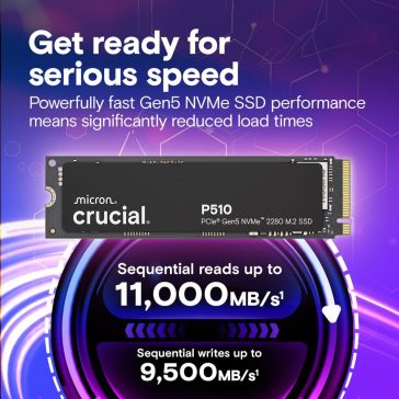 Crucial P510 1TB PCIe Gen5 NVMe M.2 SSD nagy sebességű tárhely megoldás.