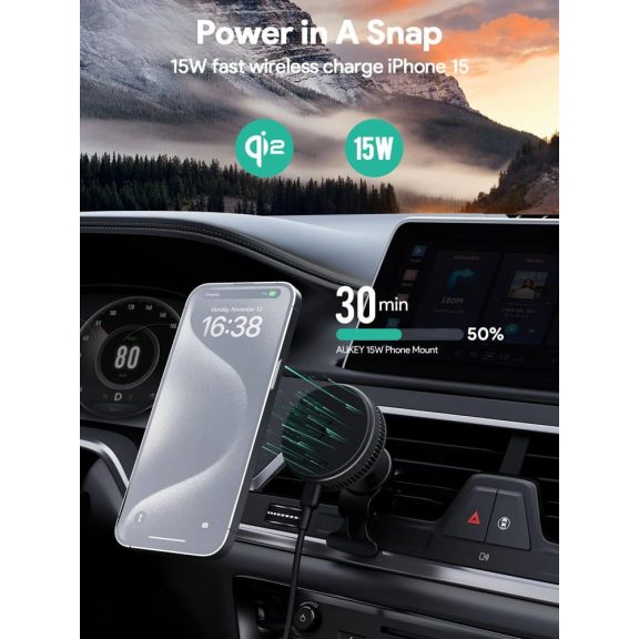 Aukey MagFusion Dash Pro Qi2 vezeték nélküli autós telefontöltő és tartó, aktív hűtés, 15W, szellőzőrácsra rögzíthető