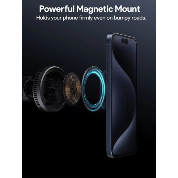 Aukey MagFusion Dash Pro Qi2 vezeték nélküli autós telefontöltő és tartó, aktív hűtés, 15W, szellőzőrácsra rögzíthető