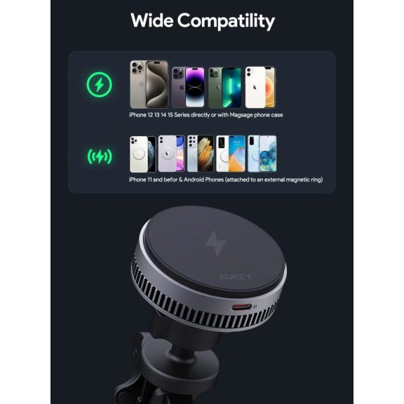 Aukey MagFusion Dash Pro Qi2 vezeték nélküli autós telefontöltő és tartó, aktív hűtés, 15W, szellőzőrácsra rögzíthető