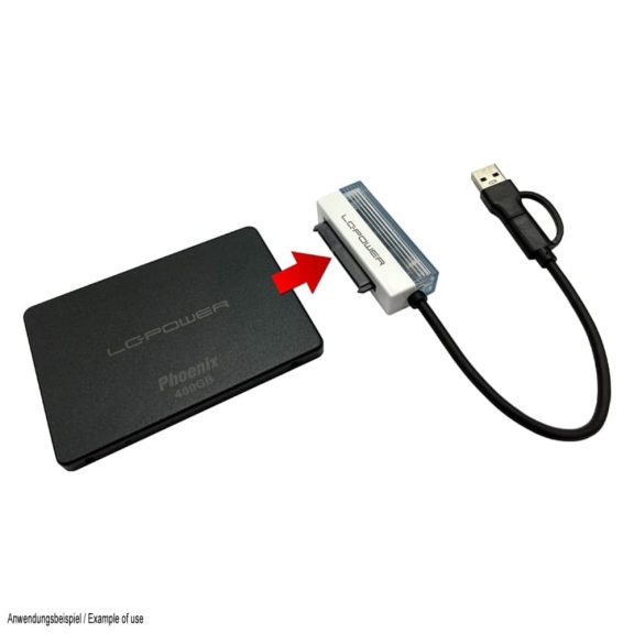 LC-Power LC-ADA-USB-SATA-25 USB 3.2 adapter 2.5" HDD és SSD csatlakoztatásához, fekete színben