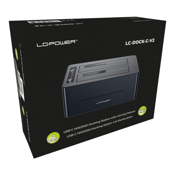 LC-Power LC-DOCK-C-V2 dokkolóállomás, 2x SATA HDD/SSD, USB-C, 5Gb/s, klónozás, fekete