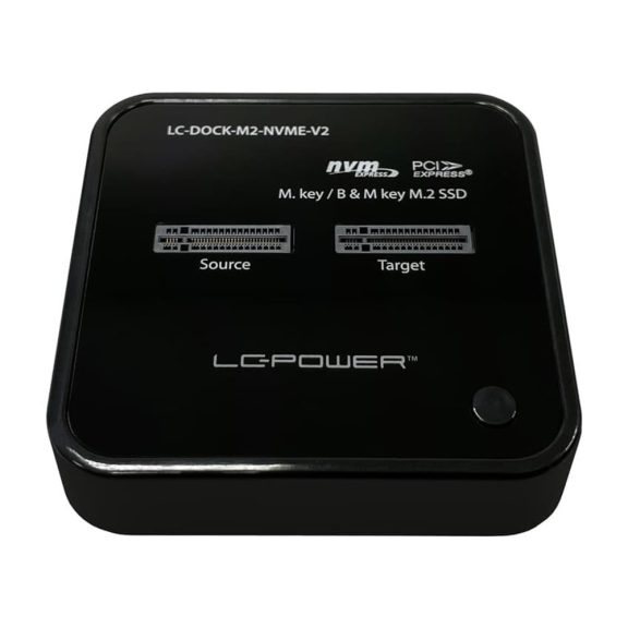 LC-Power LC-DOCK-M2-NVME-V2 dokkolóállomás, 2x NVMe M.2, USB-C 20Gb/s, klónozás, fekete