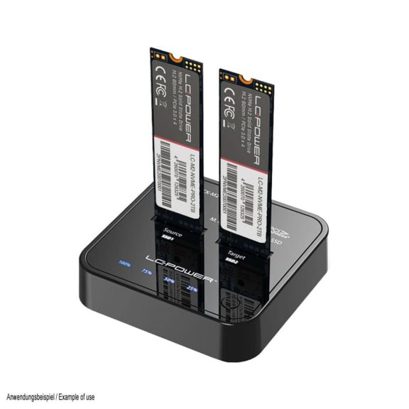 LC-Power LC-DOCK-M2-NVME-V2 dokkolóállomás, 2x NVMe M.2, USB-C 20Gb/s, klónozás, fekete