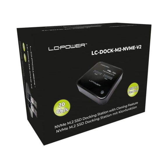 LC-Power LC-DOCK-M2-NVME-V2 dokkolóállomás, 2x NVMe M.2, USB-C 20Gb/s, klónozás, fekete