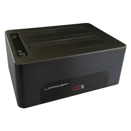 LC-Power LC-DOCK-U3-V fekete 2-bayes HDD/SSD dokkolóállomás LED kijelzővel és USB 3.2 csatlakozással