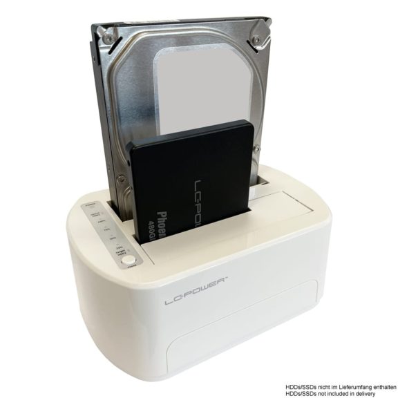 LC-Power LC-DOCK-U3-VI fehér HDD/SSD dokkoló két SATA porttal és klónozó gombbal.