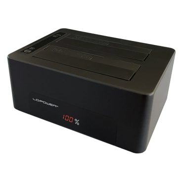 LC-Power LC-DOCK-U3-V fekete 2-bayes HDD/SSD dokkolóállomás LED kijelzővel és USB 3.2 csatlakozással
