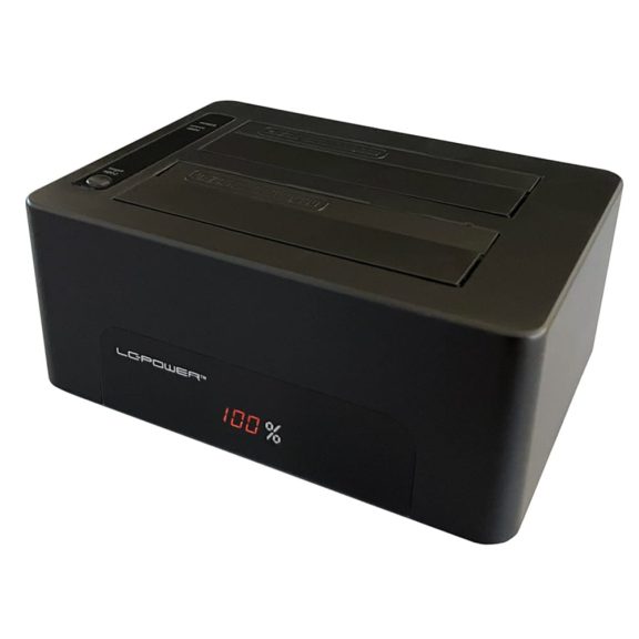 LC-Power LC-DOCK-U3-V fekete 2-bayes HDD/SSD dokkolóállomás LED kijelzővel és USB 3.2 csatlakozással