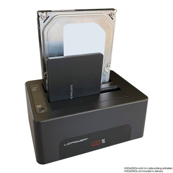 LC-Power LC-DOCK-U3-V fekete 2-bayes HDD/SSD dokkolóállomás LED kijelzővel és USB 3.2 csatlakozással
