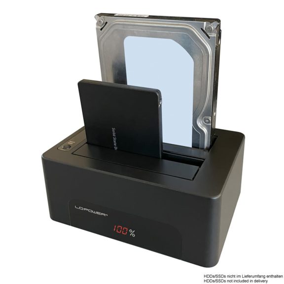 LC-Power LC-DOCK-U3-V fekete 2-bayes HDD/SSD dokkolóállomás LED kijelzővel és USB 3.2 csatlakozással
