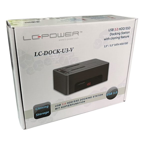 LC-Power LC-DOCK-U3-V fekete 2-bayes HDD/SSD dokkolóállomás LED kijelzővel és USB 3.2 csatlakozással