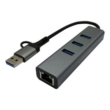   LC-Power LC-HUB-C-MULTI-9 USB HUB, 3xUSB-A, RJ45 Ethernet, 20W gyorstöltés, antracit szürke és fekete - LC-HUB-C-MULTI-9