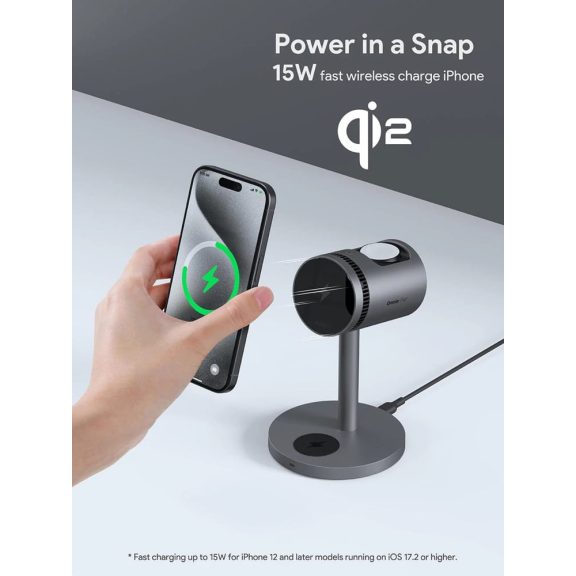 AUKEY MagFusion LC-MC311A 3 az 1-ben Qi2 vezeték nélküli töltő aktív hűtéssel és mágneses telefontöltéssel.