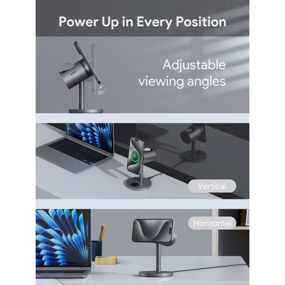 AUKEY MagFusion LC-MC311A 3 az 1-ben Qi2 vezeték nélküli töltő aktív hűtéssel és mágneses telefontöltéssel.