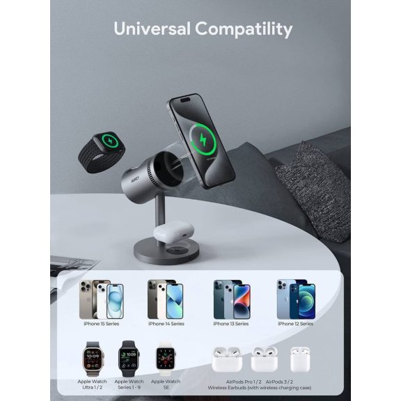 AUKEY MagFusion LC-MC311A 3 az 1-ben Qi2 vezeték nélküli töltő aktív hűtéssel és mágneses telefontöltéssel.