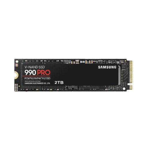 Samsung 990 PRO 2TB NVMe SSD fekete kivitelben, PCIe Gen4 támogatással.