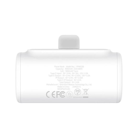Baseus Compact 5000mAh 20W Powerbank beépített iPhone csatlakozóval, fehér
