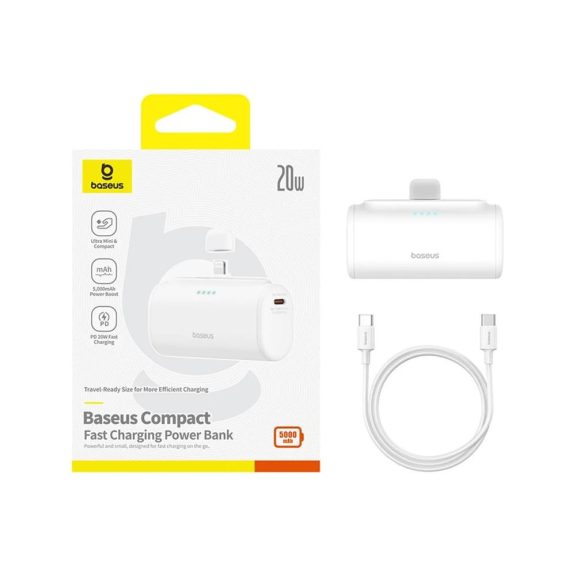 Baseus Compact 5000mAh 20W Powerbank beépített iPhone csatlakozóval, fehér