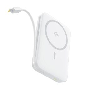 Baseus PicoGo Qi2 Magnetic 10000 mAh, 27 W fehér powerbank mágneses vezeték nélküli töltéssel és beépített Type-C kábellel.