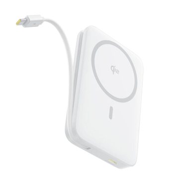 Baseus PicoGo Qi2 Magnetic 10000 mAh, 27 W fehér powerbank mágneses vezeték nélküli töltéssel és beépített Type-C kábellel.