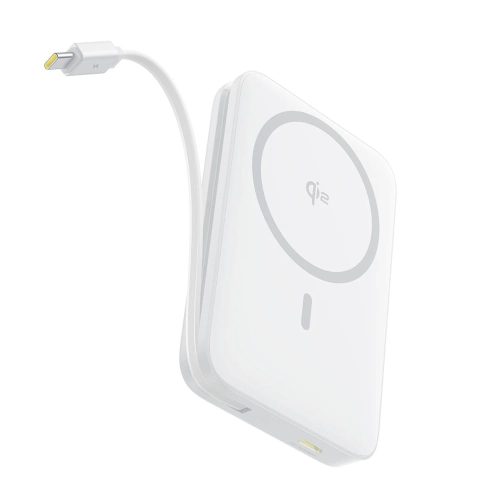 Baseus PicoGo Qi2 Magnetic 10000 mAh, 27 W fehér powerbank mágneses vezeték nélküli töltéssel és beépített Type-C kábellel.