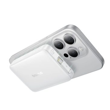 Baseus PicoGo Qi2 Magnetic 10000 mAh, 27 W fehér powerbank mágneses vezeték nélküli töltéssel és beépített Type-C kábellel.
