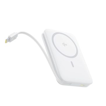 Baseus PicoGo Qi2 Magnetic 10000 mAh, 27 W fehér powerbank mágneses vezeték nélküli töltéssel és beépített Type-C kábellel.