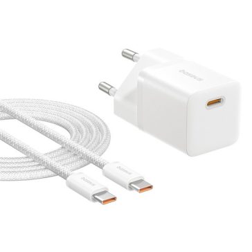   Baseus GaN5 Mini hálózati gyorstöltő 25W, USB Type-C, fehér + 100W USB Type-C, 1m kábel