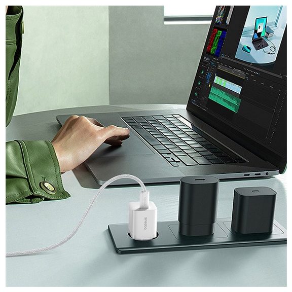 Baseus GaN5 Mini hálózati gyorstöltő 25W, USB Type-C, fehér + 100W USB Type-C, 1m kábel