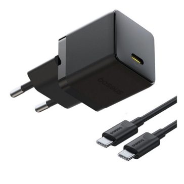  Baseus Palm hálózati gyorstöltő 20W, USB Type-C, fekete + 60W USB Type-C 1m kábel