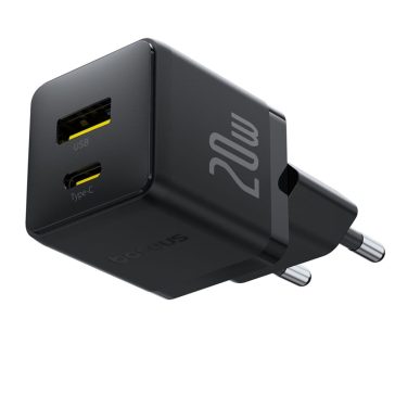   Baseus Palm hálózati gyorstöltő, 20W, USB Type-C + USB Type-A, fekete