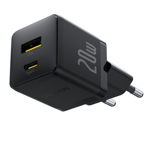 Baseus Palm hálózati gyorstöltő, 20W, USB Type-C + USB Type-A, fekete